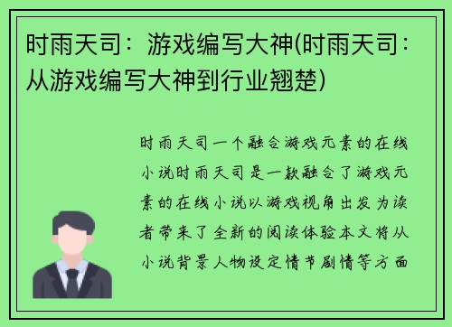 时雨天司：游戏编写大神(时雨天司：从游戏编写大神到行业翘楚)